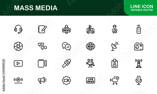 Minimalist Mass Media Icons. Professional Graphics for News Outlets, Media Campaigns, and Broadcasting Design Systems outline style