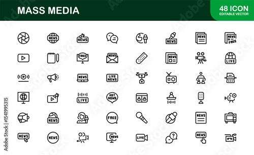 Minimalist Mass Media Icons. Professional Graphics for News Outlets, Media Campaigns, and Broadcasting Design Systems outline style