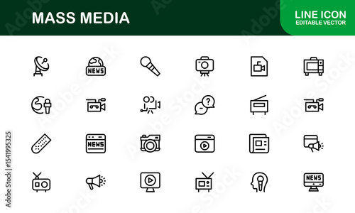 Minimalist Mass Media Icons. Professional Graphics for News Outlets, Media Campaigns, and Broadcasting Design Systems outline style