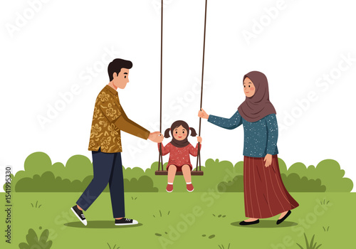 Modern Indonesian family enjoying a weekend at the park.