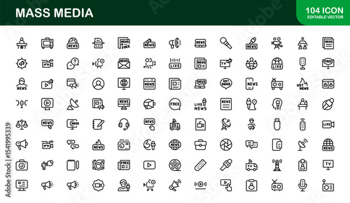 Minimalist Mass Media Icons. Professional Graphics for News Outlets, Media Campaigns, and Broadcasting Design Systems outline style
