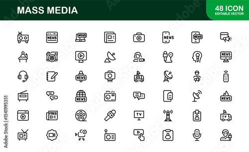 Minimalist Mass Media Icons. Professional Graphics for News Outlets, Media Campaigns, and Broadcasting Design Systems outline style