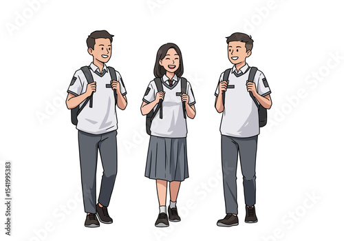Group of cheerful Indonesian high school students in uniform.