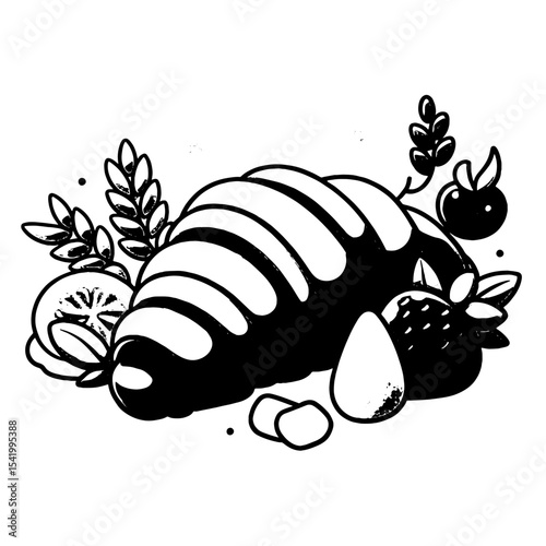 A croissant is illustrated with fruit almonds and wheat sprigs