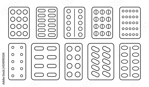 Set of different outline pills and blister pack isolated on white background. Medical vector template illustration of packing of tablets, antibiotics, vitamins