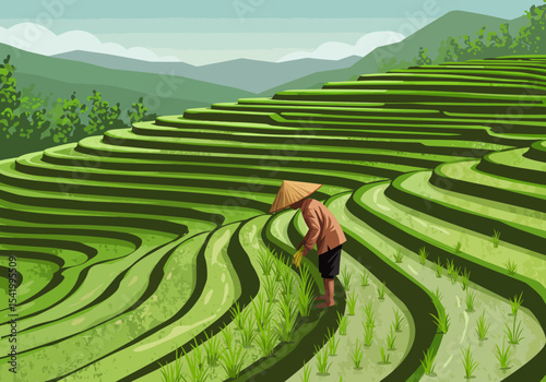 Indonesian farmer working in a terraced rice paddy field.