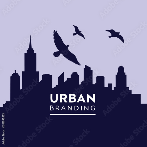 Urban cityscape silhouette logo with flying birds vector