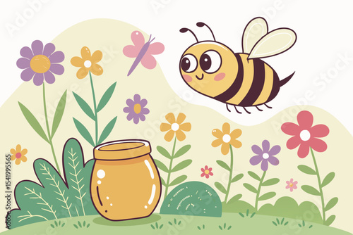 Cute bee flying around honey jar with flowers in pastel cartoon meadow