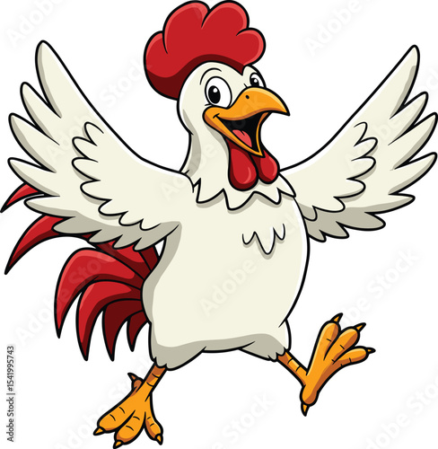 Happy Cartoon Rooster Jumping Joyfully with Spread Wings, Cheerful Farm Animal Character Illustration for Rural Themes and Children's Designs.