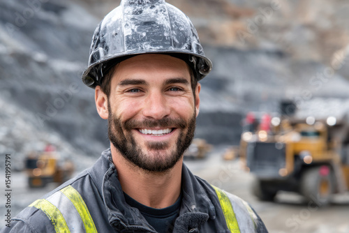 Smiling worker in safety gear at an open-pit mining site during day