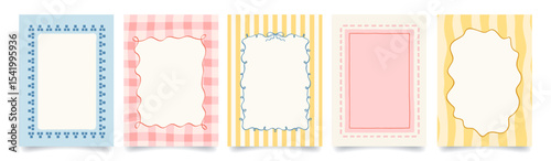 Vintage hand drawn frames with wavy lines, bows, checkered and striped backgrounds. Italian summer vibe. Colorful minimalist borders, postage stamp. Vector template for poster, invitation, card.
