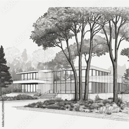 Architectural Drawings, Minimal style cad tree line drawing, Side view, plan and section forest outline symbol for landscape design drawing. Vector illustration in stroke fill in white.