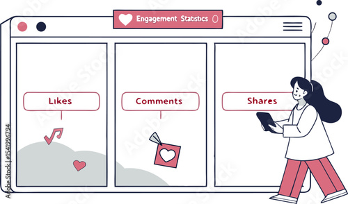 Illustration of engagement statistics dashboard with likes comments and shares and a woman using a tablet