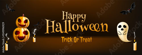 Halloween Background featuring pumpkins, bats, ghost, and candles; ideal for seasonal promotions, social media posts, and festive design projects.