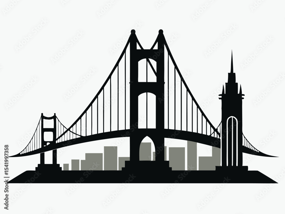 Obraz premium black and white golden gate bridge silhouette in San Francisco, vector illustration on white background