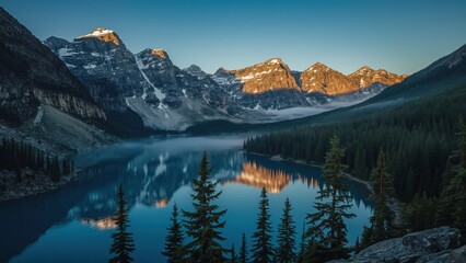 Papier peint photo Canada Aerial View of Pristine mountain with Lake at Sunrise with Mirror Reflection of Mountains and Pine Forest     © asyraf