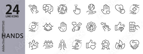 Hands line icons set with Friendship, Support, Prayer, Respect, Helping, Trust and more. Editable Stroke