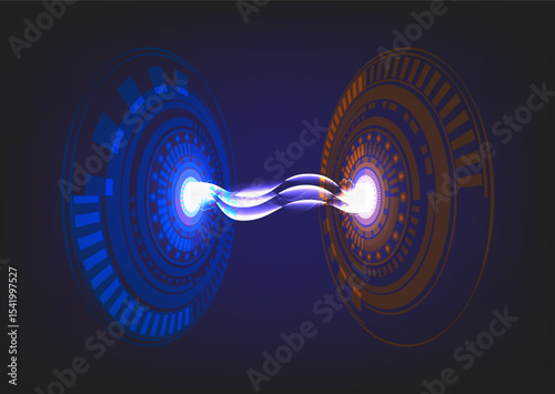 Futuristic illustration of quantum entanglement or data transfer between two energy cores in blue and orange tones, symbolizing advanced technology.
