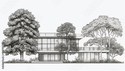 Architectural Drawings, Minimal style cad tree line drawing, Side view, plan and section forest outline symbol for landscape design drawing. Vector illustration in stroke fill in white.