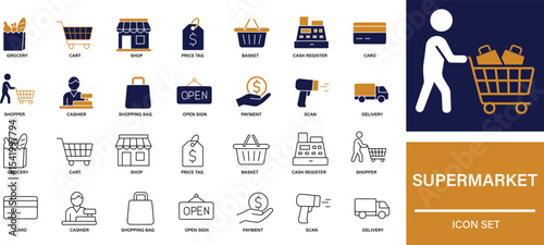 : Supermarket Icon Set Grocery, Shopping Cart, Checkout and Retail Store, barcode, cash register, store, sale, 