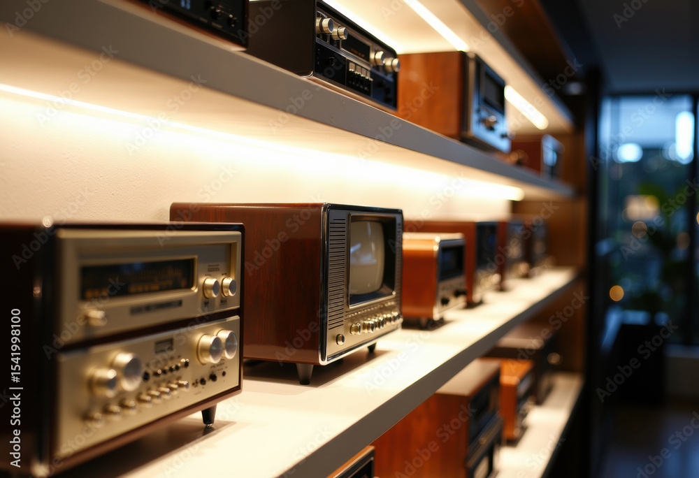 Fototapeta premium Vintage television and radio receivers displayed on a modern shelf in a cozy interior setting