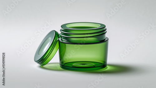 A green cosmetic jar with an open lid sitting on a white surface in a studio environment shot