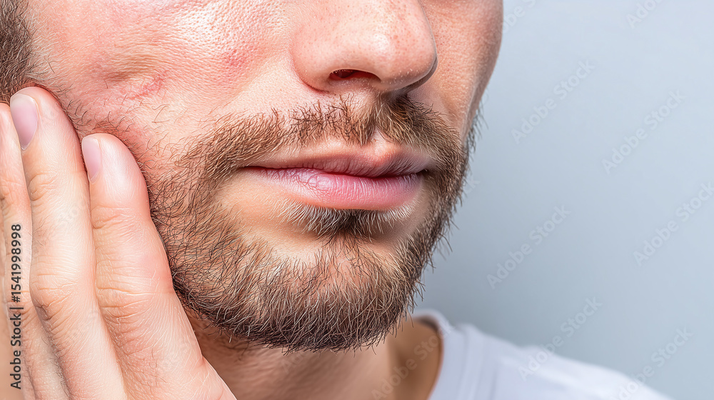 Obraz premium Closeup of man lower face showing beard and hand touching cheek with visible skin texture and slight redness, expressing subtle tension or discomfort