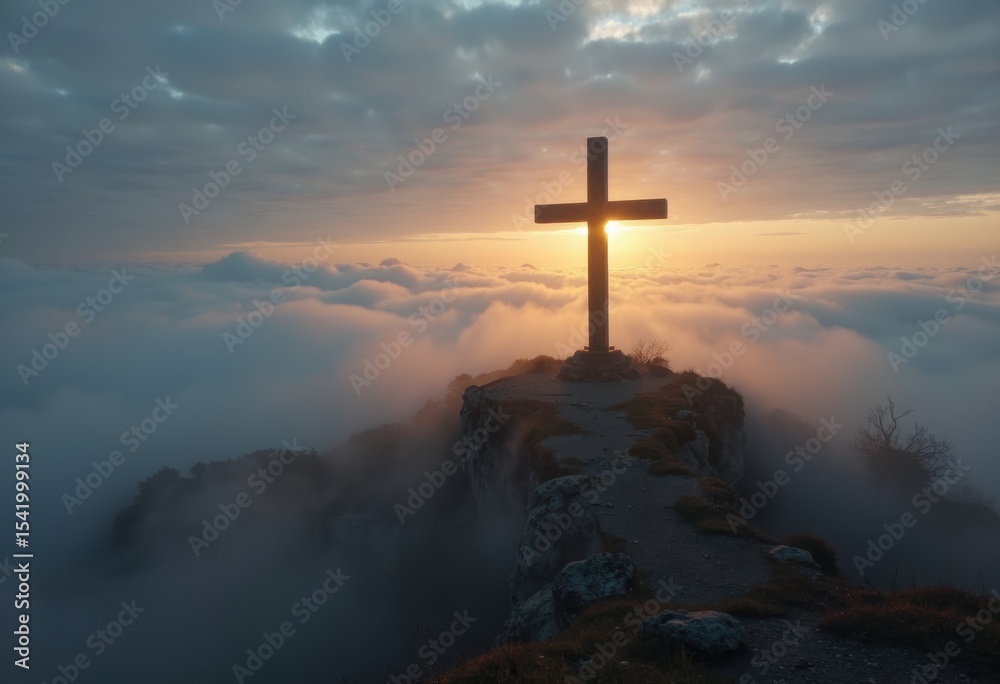 Obraz premium A majestic cross stands atop a mountain, illuminated by a stunning sunset