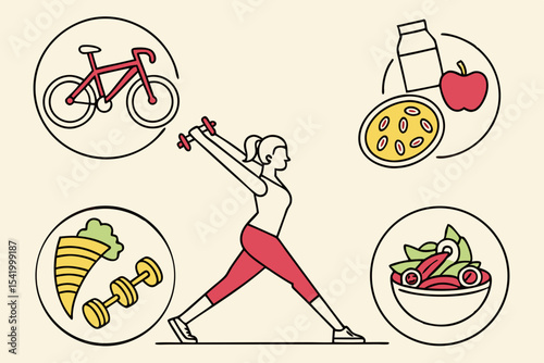 Healthy fitness routine icons with yoga, diet, cycling, salad and dumbbells