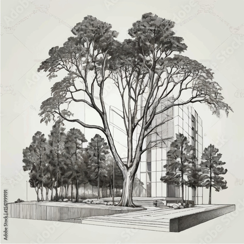 Architectural Drawings, Minimal style cad tree line drawing, Side view, plan and section forest outline symbol for landscape design drawing. Vector illustration in stroke fill in white.