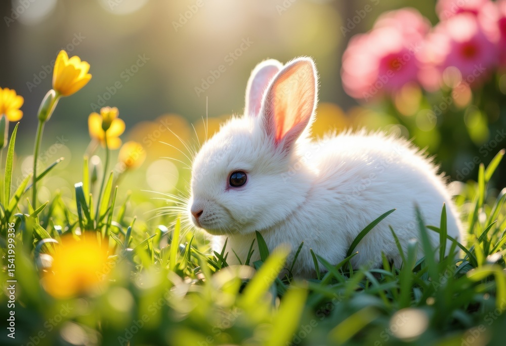 Fototapeta premium Adorable white rabbit sitting among colorful flowers in a sunny garden