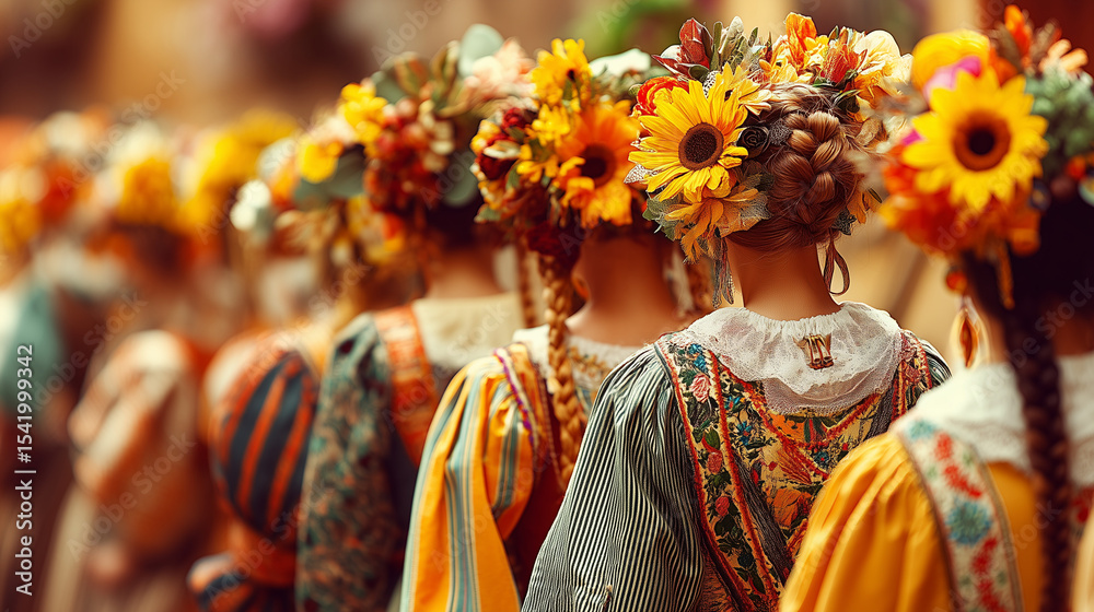 Obraz premium Women Wearing Sunflower Crowns in Traditional Dresses During Festa dos Tabuleiros Portuguese Festival Parade