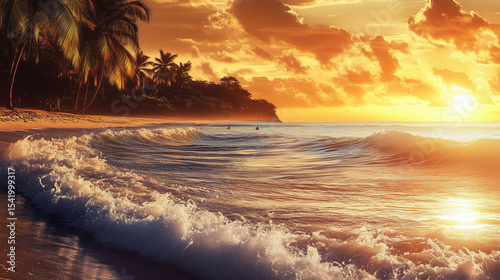 Tropical beach scene with perfect surf waves rolling in, golden sunset