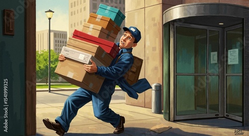 Delivery worker hurries with packages outside a modern urban building during daylight hours