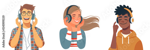 Young people, boys and a girl listening to music with headphones. Isolated on a white background. Vector illustration