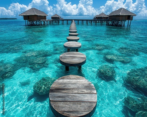 Wooden walkway leads to tropical huts over turquoise water. Illustrate vacation, a luxurious resort, or exotic destination travel.
