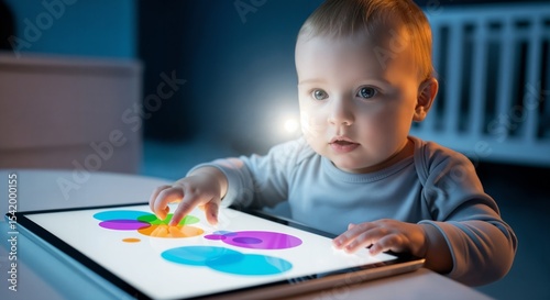 Curious one-year-old baby taps a tablet screen with tiny fingers, wide-eyed at glowing colors. Capturing first digital discovery in a tech-connected world.