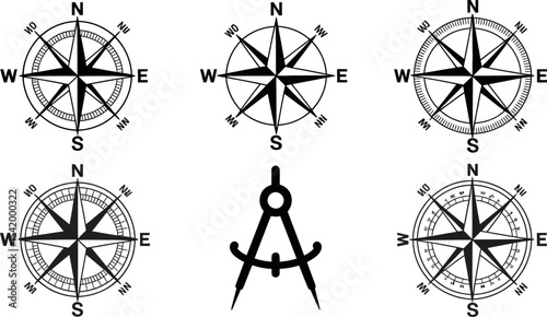 Vector compass rose set collection for nautical navigation and direction finding with compass divider tool editable stock vector illustration