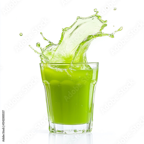 Green liquid splashing from glass on white background high key studio shot beverage refreshment drink juice.