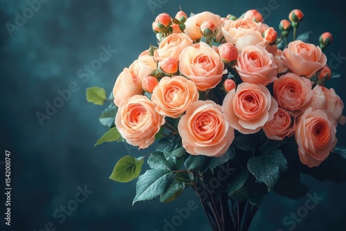 Peach roses and buds cluster against dark blue background, romantic floral display. Ideal for wedding, valentine's, or elegant design; convey love or special occasion.