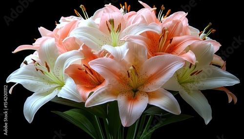 A lush bouquet of peach and white lilies blooms against a solid black backdrop. Perfect for adding a touch of elegance to any design project.