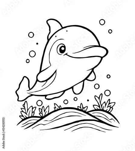A cute dolphin swims among bubbles above wavy ground with sprouting plants