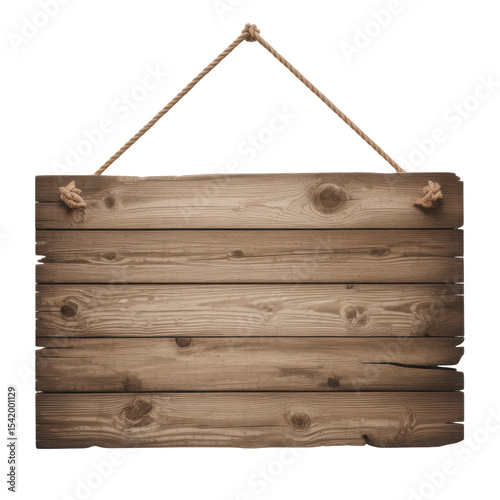 Rustic wooden signboard made of horizontal planks hanging from two ropes at top corners, isolated transparent background