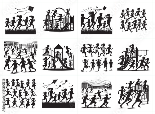 Group of Children Playing and Running – Full Black Silhouette Vector for Educational Themes