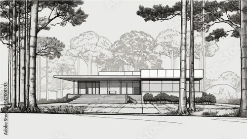 Black and white sketch of an old urban park with a bridge, trees, and a distant house