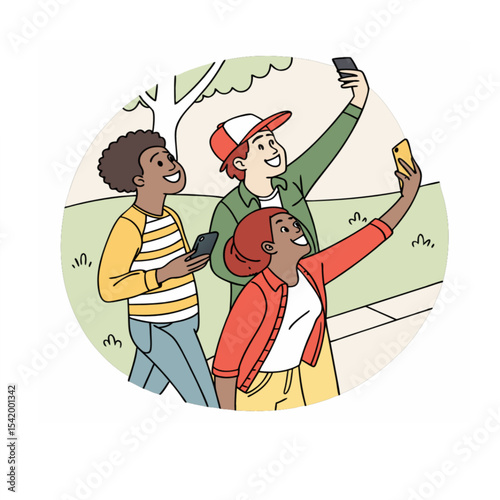 Group of Friends Taking Selfies Outdoors
