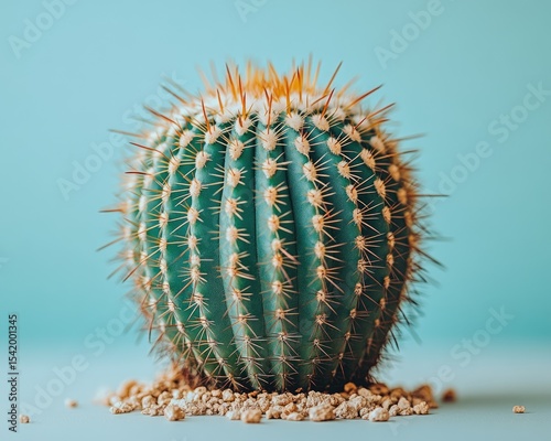 Round green cactus with sharp orange spines, sits on pale gravel. Good for decoration, garden, or desert plant related designs.