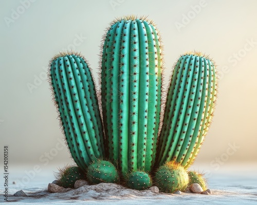 A teal saguaro cactus with brown spines and round pups sits on sandy soil. Use for Southwest themes, nature blogs, and desert plant-related projects.
