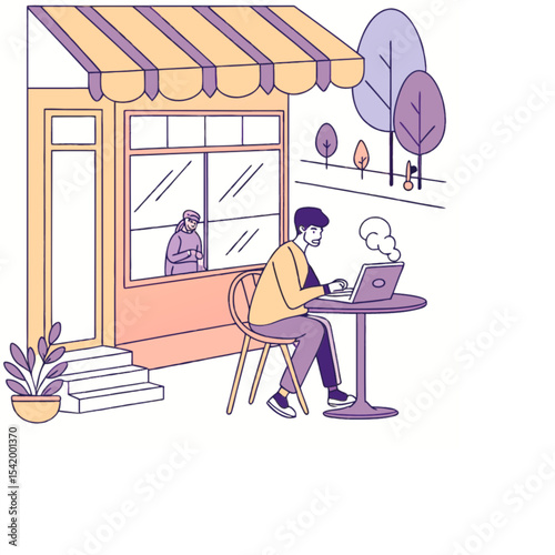 Man Working Remotely Cafe Outdoors Laptop