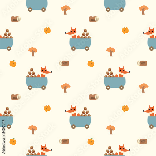 Fox truck acorn cartoon so cute. On tree pumpkin log background. Pattern seamless vector illustration. 